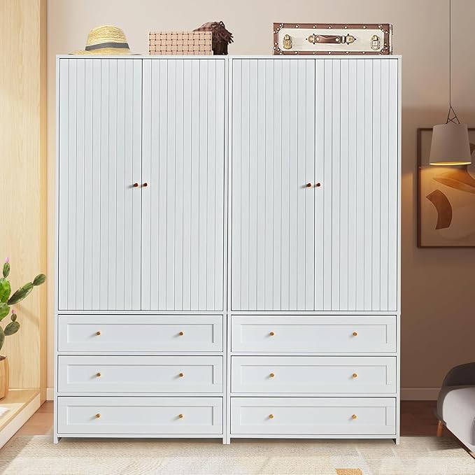 71" Wardrobe Closet Armoire, Wardrobe Armoire Wooden with 2 Doors, 3 Drawers Household Freestanding Wooden Closet Storage Cabinet for Bedroom (White)