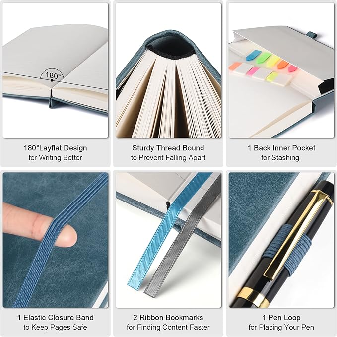 Lined Journal Notebook, Large A5 College Ruled Notebook, 312 Numbered Pages Work Notebook with Index Stickers, 100gsm Paper, Hardcover Vegan Leather Journal for Women Men School Office, Grey Blue