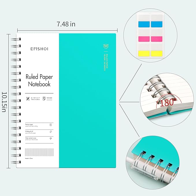 EMSHOI B5 Spiral Notebook Lined Journal, 300 Pages (150 Sheets), College Ruled, 7.48" x 10.15", 100 GSM Thick Paper, Waterproof Hardcover Journal for Office, School, Work - Light Blue