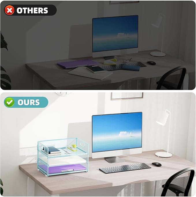 Marbrasse 3 Tier Paper Organizer Letter Tray, Mesh File Organizer with Handle, Paper Sorter Desk Organizer for Home Office Supplies(Blue)