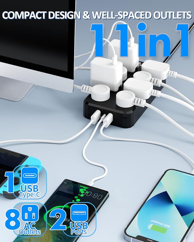 Outdoor Power Strip Weatherproof, Waterproof Surge Protector with 8 Wide Outlet with 3 USB Ports, 10FT Extension Cord,1875W Overload Protection,Outlet Extender for Christmas Lights ETL Listed Black