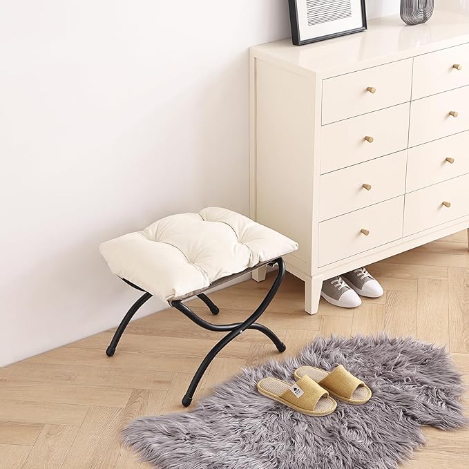 LITA Folding Upholstered Footrest Stool, Modern Small Portable Accent Ottoman with Detachable Thick Cotton Cushion Padded Sofa Stool with Metal Frame for Lazy Chair, Living Room & Bedroom, Beige