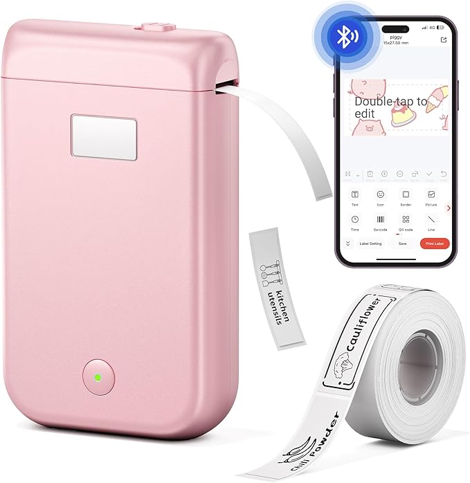 Label Maker Machine with Tape, Label Makers with Multiple Templates, Mini Label Maker Widely Used in Home Office School Organization, Bluetooth Label Printer Easy to Use for Small Labels, Pink