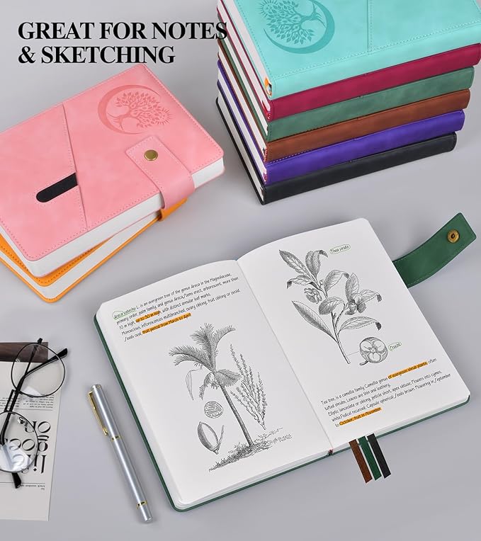 Blank Journal Notebook, A5 Hardcover Leather Sketchbook with 200 Pages Thick Blank Paper for Men Women, Unlined Drawing & Writing Journal, 5.9" x 8.4" Plain Notebook (green)