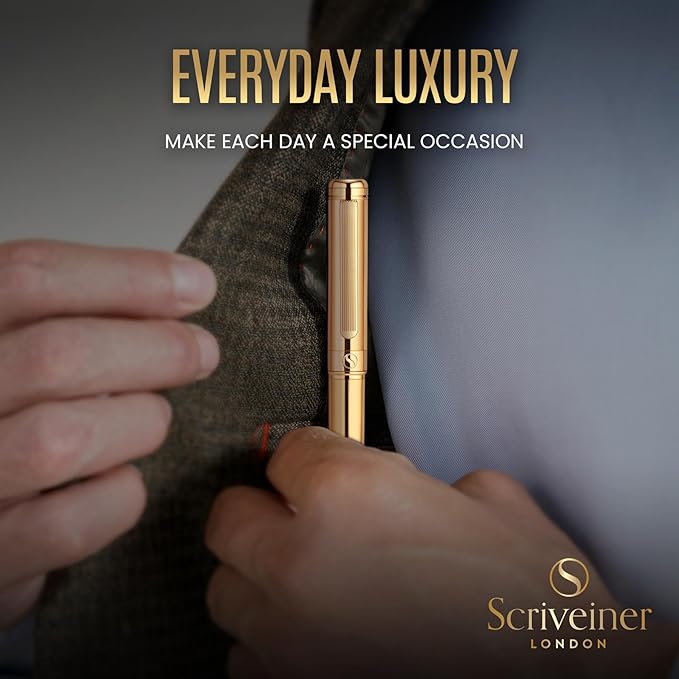 Scriveiner Personalized Gold Ballpoint Pen - Stunning Luxury Pen, Real Gold Plating, Schmidt Ink Refill, Best Engraved Ball Point Gift Set for Men & Women, Custom Name Engraving