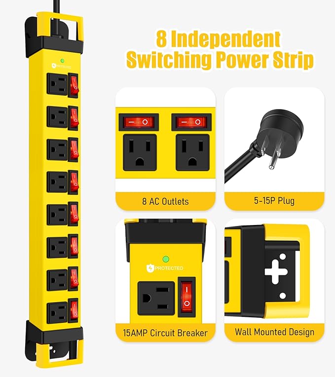 Heavy Duty Power Strip with Individual Switches,8 Outlets 14 Gauge Industrial Shop Garage Metal Multiple Outlets,1200J Surge Protector Mountable Power Strip (Yellow, 25 FT)