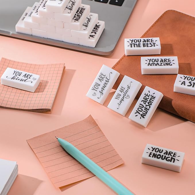 PerKoop 50 Pcs Back to School Inspirational Small Pencil Erasers Bulk for Kids, White Cute Fun Motivational Erasers Gifts for Teachers Students Classroom Reward First Day of School Supplies