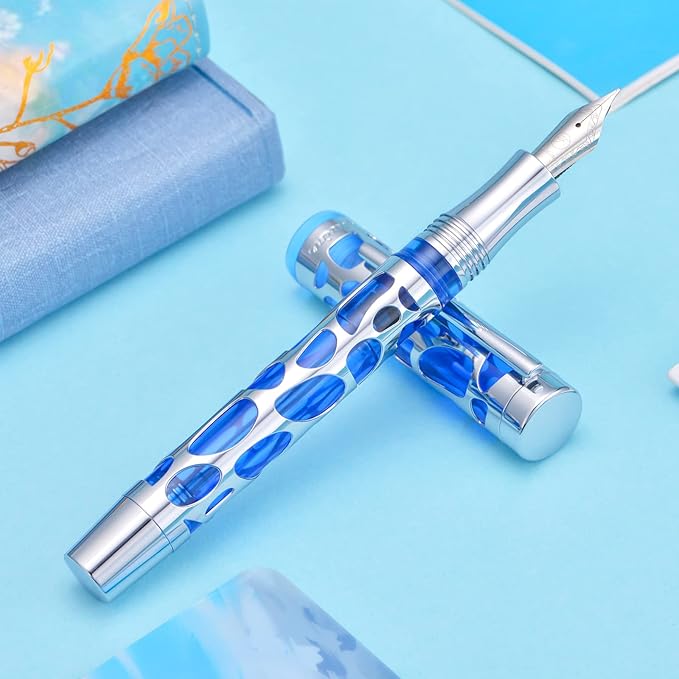 Asvine V169 Vacuum Filling Fountain Pen Extra Fine Nib, Water Drop Skeleton Transparent Blue Acrylic Pen Case Set