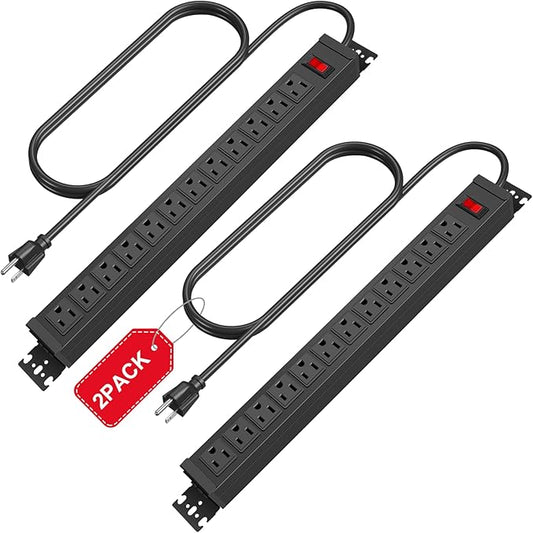2Pack Rotating Mountable Power Strip, 12 Outlet Wall Mount Surge Protector, Metal Heavy Duty and Versatile Outlet Strip, Stylish Appearance, Sturdy and Durable, 10ft Power Cord.(Black)