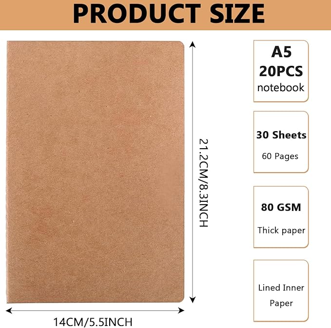 30 Pack Kraft Notebook Lined A5 Soft Cover Kraft Notebooks Journals Writing Diary Subject Notebooks 30 Sheets 60 Pages for Traveler Journal School Office Supplies