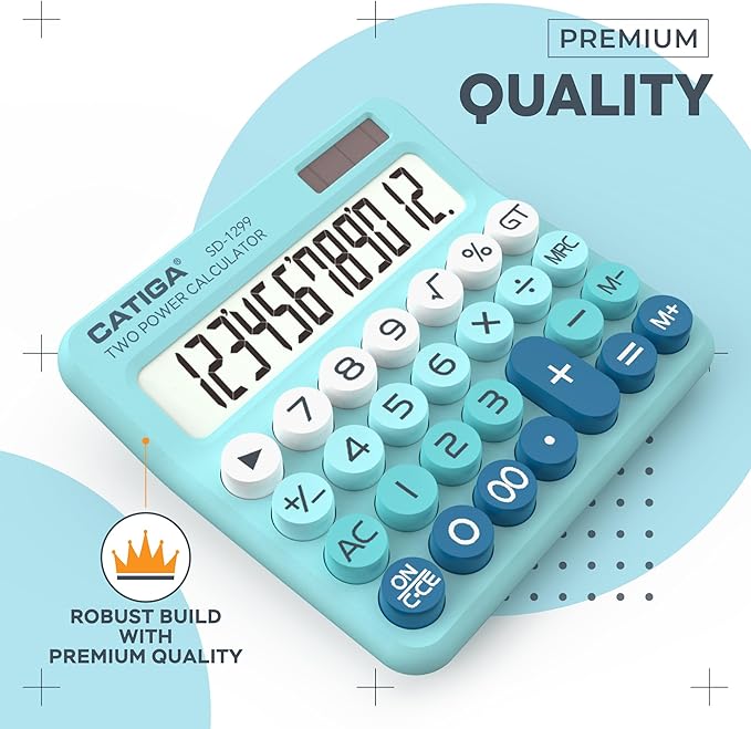 CATIGA Mechanical Switch Calculator with Solar and Battery Dual Power, 12-Digit Large LCD Display, Aesthetic and Cute Desktop Calculator with Big Button, for Home, School and Office Use, SD-1299