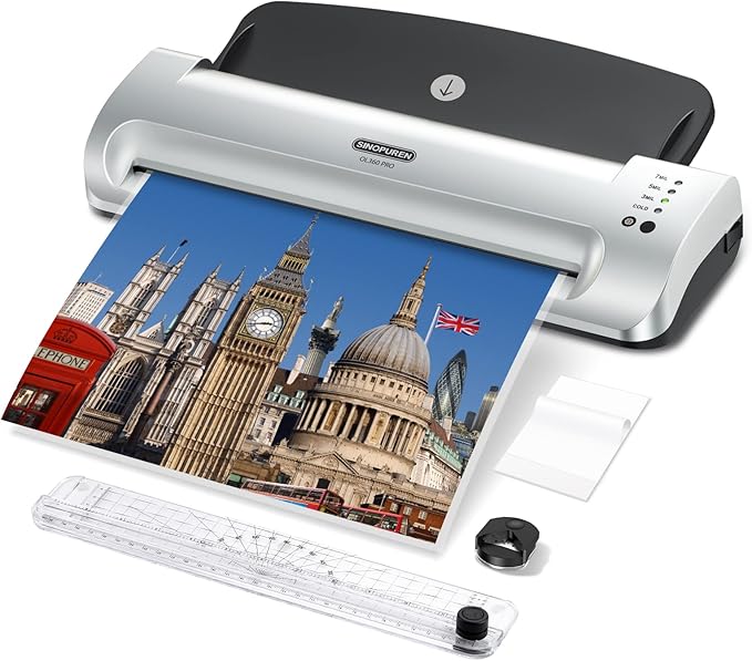 Laminator Machine, SINOPUREN 13-inch Thermal Laminator, with Paper Trimmer, Corner Rounder, 10 Pouches Sheets, Quick Warm-Up, Cold and Hot Laminating for Home/School/Office