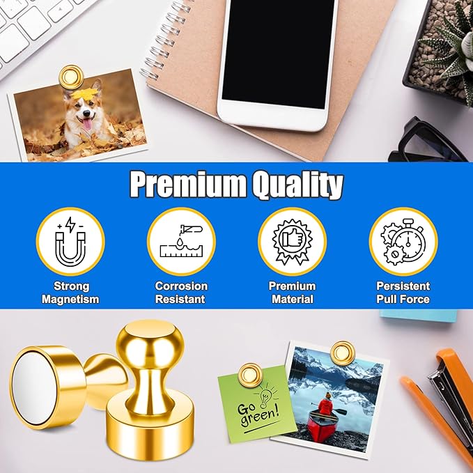 Small Whiteboard Magnets, Tiny Cute Push Pins Neodymium Strong Magnets for Fridge, Gold Kitchen Magnetic Refrigerator for Office, Gadgets, Classroom, Locker Accessories, Pack of 28