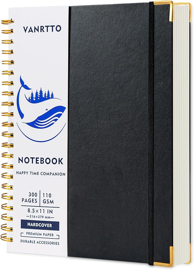 Spiral Notebook, Hardcover 8.5 x 11 IN College Ruled Notebooks, 300 Pages Notebooks for Work and School, 110 GSM Thick Papers Journals for Writing, Office Supplies for Women and Men Black