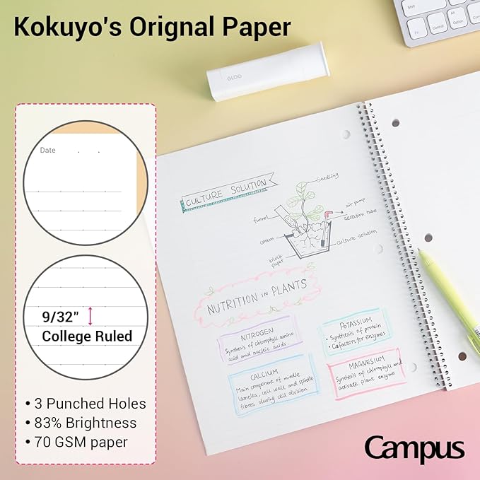 KOKUYO Spiral Notebook, 3 Pack Campus 10-1/2" x 8" Subject Notebooks with College Ruled, 80 Sheets, 3 Holes School Spiral Journal for Work Study Note Taking (Yellow, Orange, Purple)