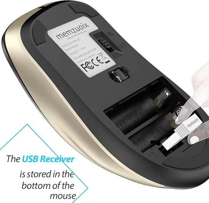 memzuoix 2.4G Wireless Mouse, 1400 DPI Computer Mice with USB Receiver, Portable Wireless USB Battery Powered Cordless Mouse for Laptop, PC, Desktop, 5 Buttons (Black Gold)