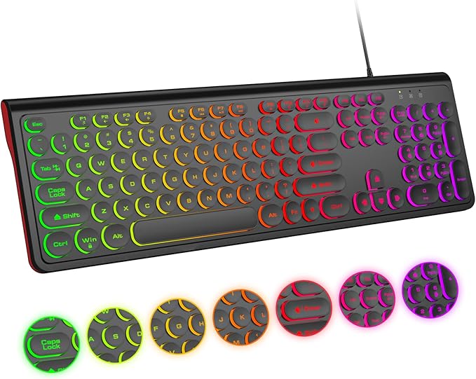 USB Wired Keyboard with Backlit 7-Colors, Full Size Keyboard with Retro Keycaps, Numeric Keypad and Media Hotkey for Computer Desktop PC Laptop and Windows 7 8 10 11