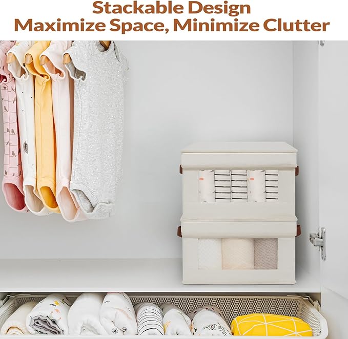 Fabric Storage Bins with Lids, Collapsible Closet Organizer with Sturdy Handles, Clear View Window, Stackable Storage Baskets for Clothes, Towels, Books, Hand Pull Closet Organizer Boxes-2-Pack, Beige