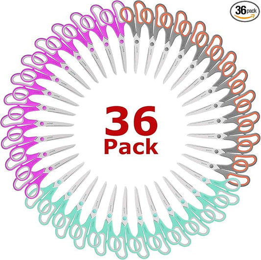 iBayam 8 '' Multipurpose Heavy Duty Scissors Bulk 36-Pack, 2.5mm Thickness Ultra Sharp Blade Shears with Comfort-Grip Handles for Household School Office Supplies, Right/Left Hand Tools