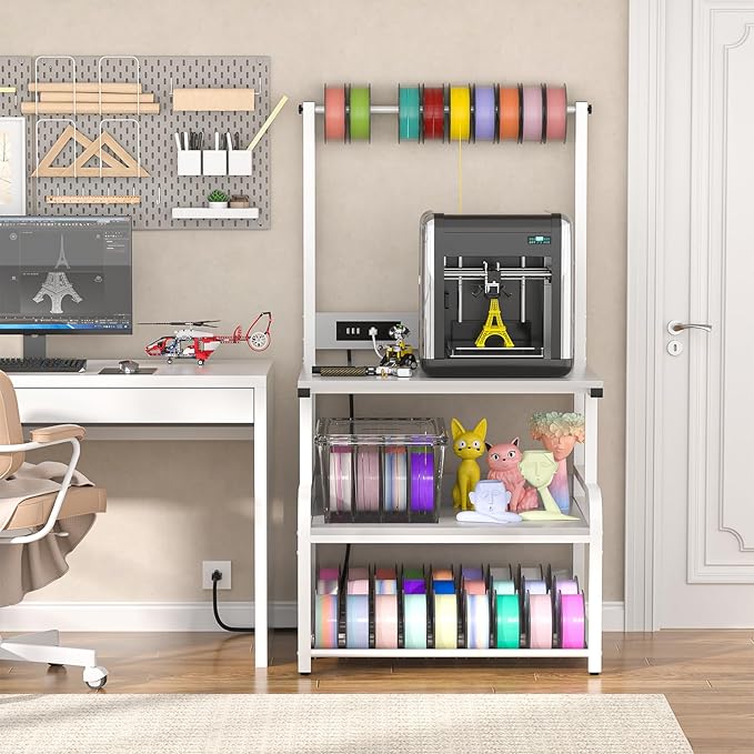 Homieasy Printer Stand with Charging Station, 29.1" x 22.8" Large 3D Printer Table with Filament Storage, Heavy Duty Rolling Printer Cart with 4-Tier Storage for Workshop/Office/Garage, Light Grey