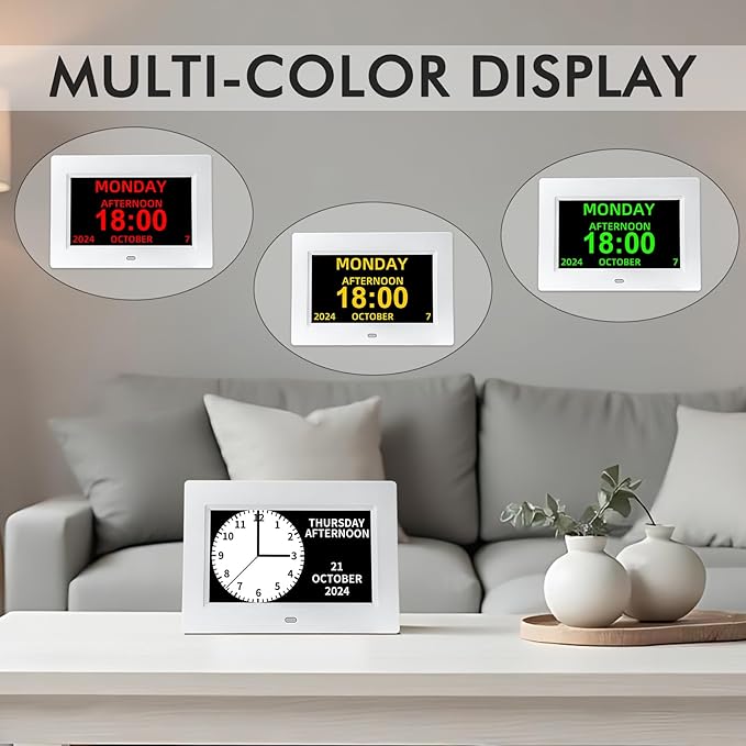 Digital Calendar Alarm Clock for Seniors - 7" Large Display with Day/Date, 12 Custom Alarms & Auto-Dimming | Medication Reminder, Dementia-Friendly Design, Easy Read (White)