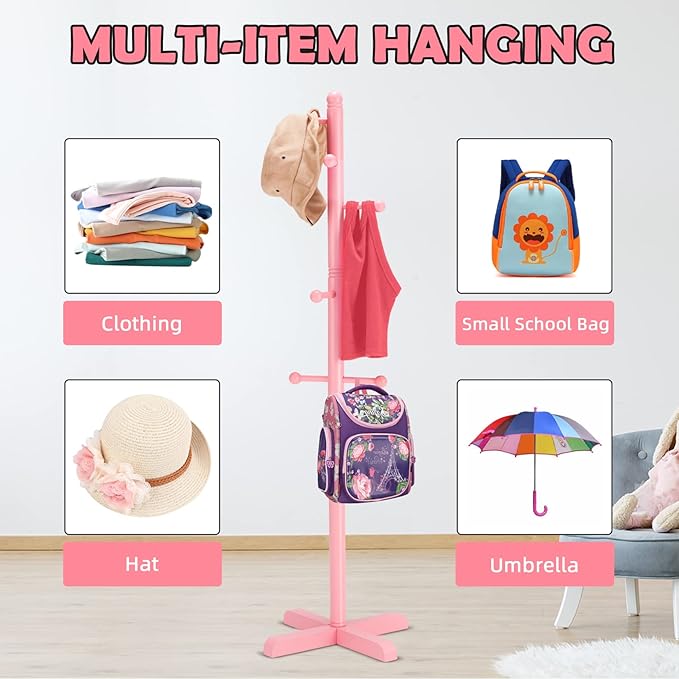Kids Coat Rack, Freestanding Coat Racks with 8 Hooks 2 Adjustable Height, Tree Coat Rack for Bedroom, Hallway, Entrance, Office, Hats, Handbags,Purse (Pink)