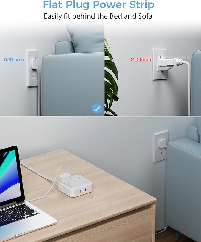 Power Strip Surge Protector 10 Ft Cord, 8 AC Outlets, 3 USB Charger(1 USB C Port), TESSAN Ultra Thin Extension Cord, Flat Plug, 900 Joules Protection, Desk Charging Station for Home, Office