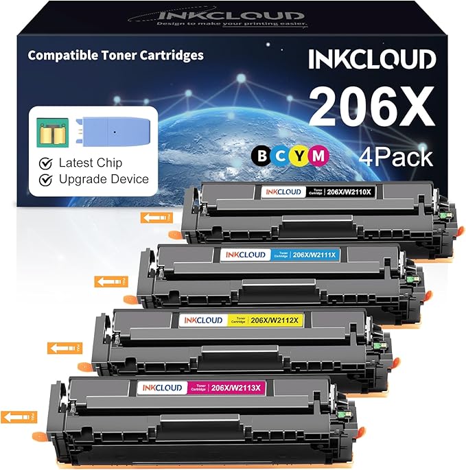 INKCLOUD 206X Toner Cartridges 4 Pack with Chip and Upgrade Device Compatible Replacement for 206X A W2110A W2110X Work with Color Pro MFP M283fdw M283cdw M283 Pro M255 M255dw High Yield Toner