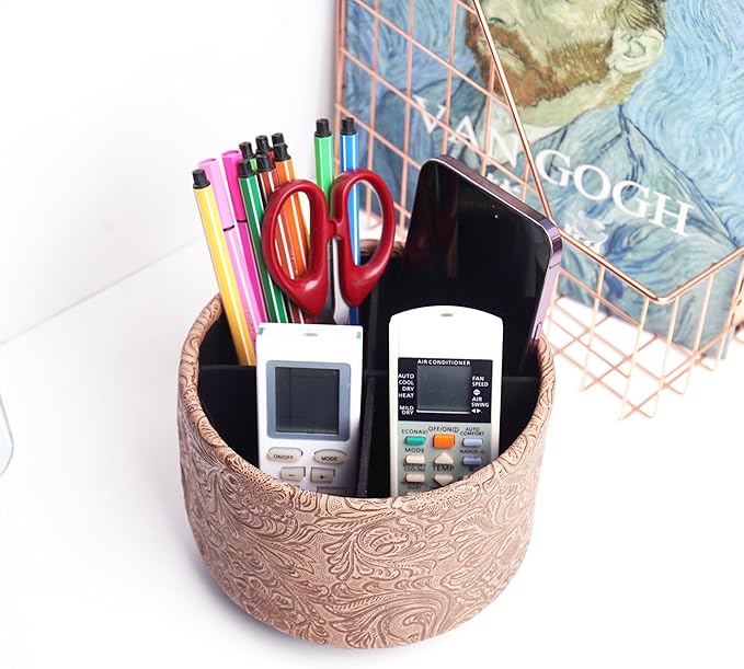 lizimandu Round Leather Art Supply Organizer,Remote Control Holder,360 Degree Spinning,Multi-Functional Pencil Holder,4 Compartments Desktop Stationary Organizer(1-Carved Wood Beige)