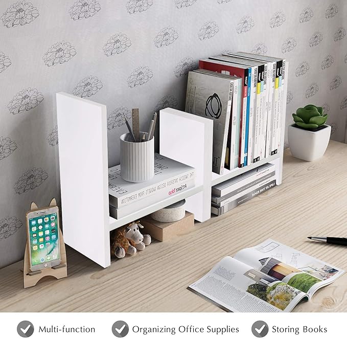 Jerry & Maggie Desktop Organizer Office Storage Rack Adjustable Wood Display Shelf Free Style Double H, Multi-Functional Mini Bookshelf for Desk Natural Stand (White)