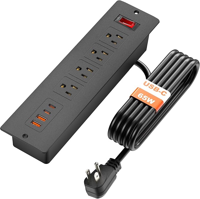 QBA Recessed Power Strip with USB-C 65W, 4 Outlets 2 USB-C & 2 USB-A Ports, Mountable Desk Outlet for Conference Furniture, 45° Angled Flat Plug 6FT Cord, Black