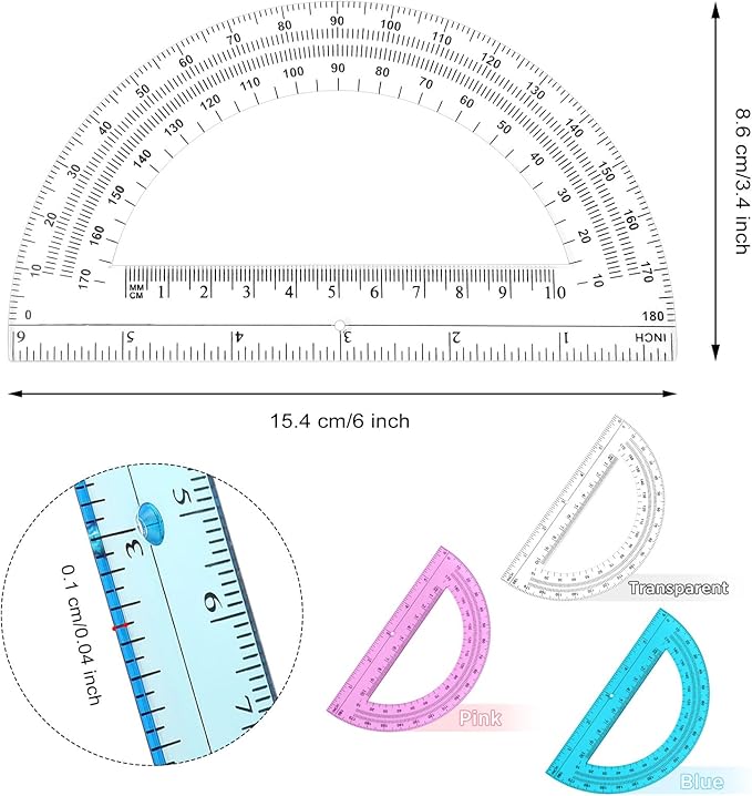 Zonon 100 Pack 6 Inch Plastic Protractor Back to School Protractors 180 Degrees Pink Blue Clear Protractors for Classroom Math Teacher Student Office Supplies, Clear, Pink, Blue