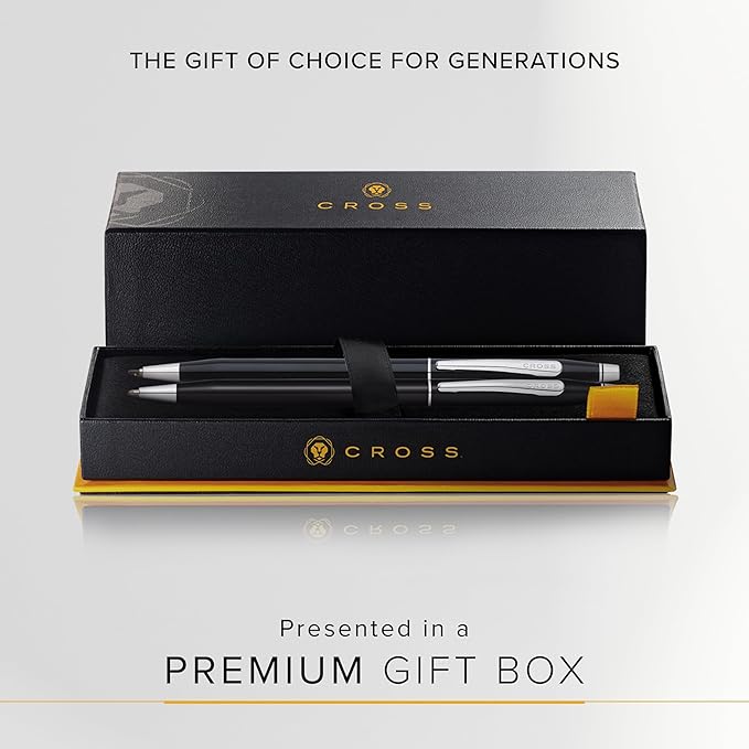 Cross Classic Century Refillable Pen & Pencil Gift Set Presented in a Luxury Gift Box - Medium Point, Black Ink, Black & Chrome