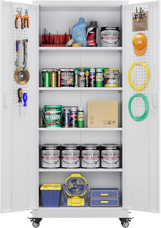 Aobabo 73''H Garage Storage Cabinet with Wheels,Office Storage Cabinet with Lock,Steel Cabinet with 2 Doors and 4 Adjustable Shelves for Garage Office,Required-Assembly White