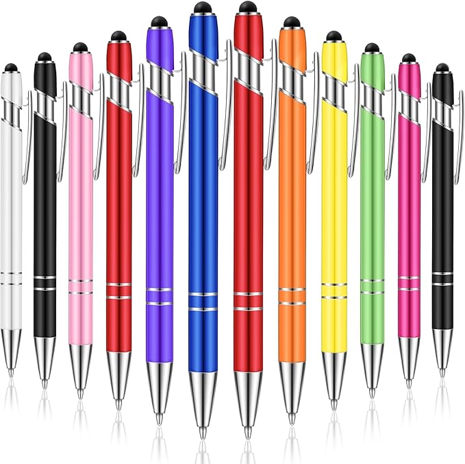 Tenare 12 Pieces 2 in 1 Stylus Metal Ballpoint Pen with Stylus Tip, 1.0 mm Black Ink Ballpoint Pen for Touch Screens(Assorted Color)