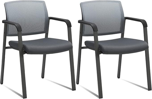 CLATINA Mesh Back Stacking Arm Chairs with Upholstered Fabric Seat and Ergonomic Lumbar Support for Office School Church Guest Reception Grey 2 Pack Set