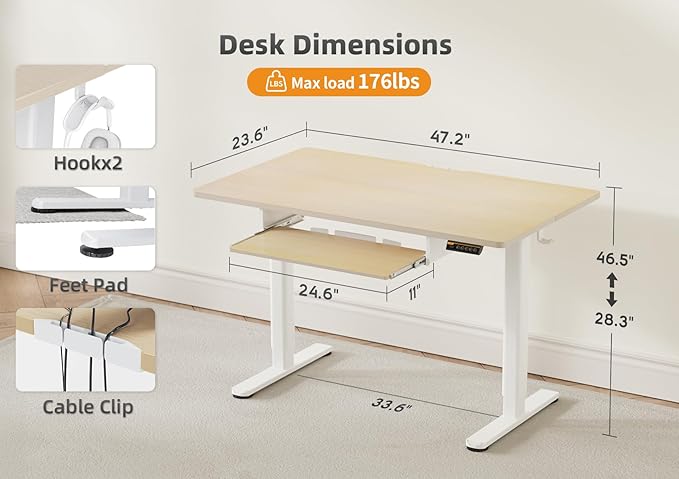 Claiks Standing Desk with Keyboard Tray, Electric Standing Desk Adjustable Height, 48x24 Inches Sit Stand up Desks with Splice Board, Raising Desks for Home Office, Natural