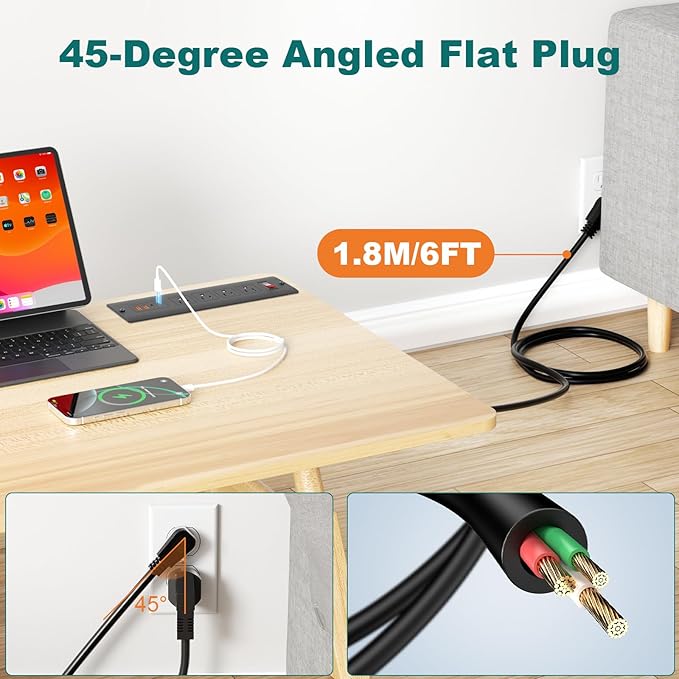 QBA Recessed Power Strip with USB-C 65W, 4 Outlets 2 USB-C & 2 USB-A Ports, Mountable Desk Outlet for Conference Furniture, 45° Angled Flat Plug 6FT Cord, Black