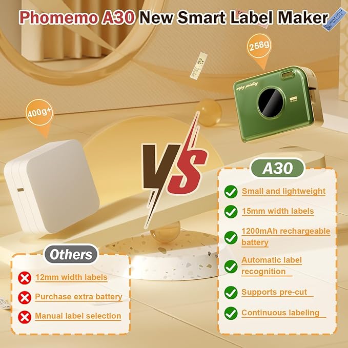 Phomemo A30 Label Maker Machine, Bluetooth Wireless Portable Small Label Printer, Waterproof Label Mini Sticker Maker for Home School, Cloth Name Tag, Ribbon Printer Machine for Gift Wrapping
