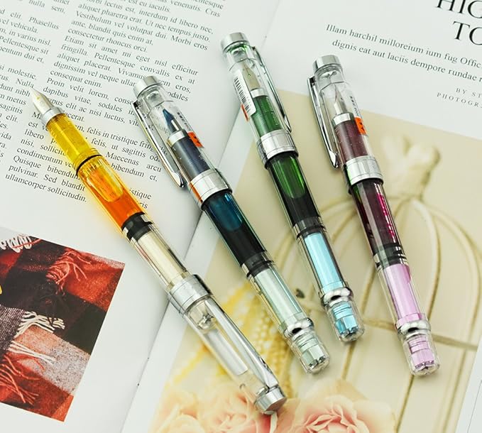 Lanxivi Yongsheng 3008 Piston Fountain Pen EF Extra Fine Nib,Transparent SilverTrim 4 Colors Set