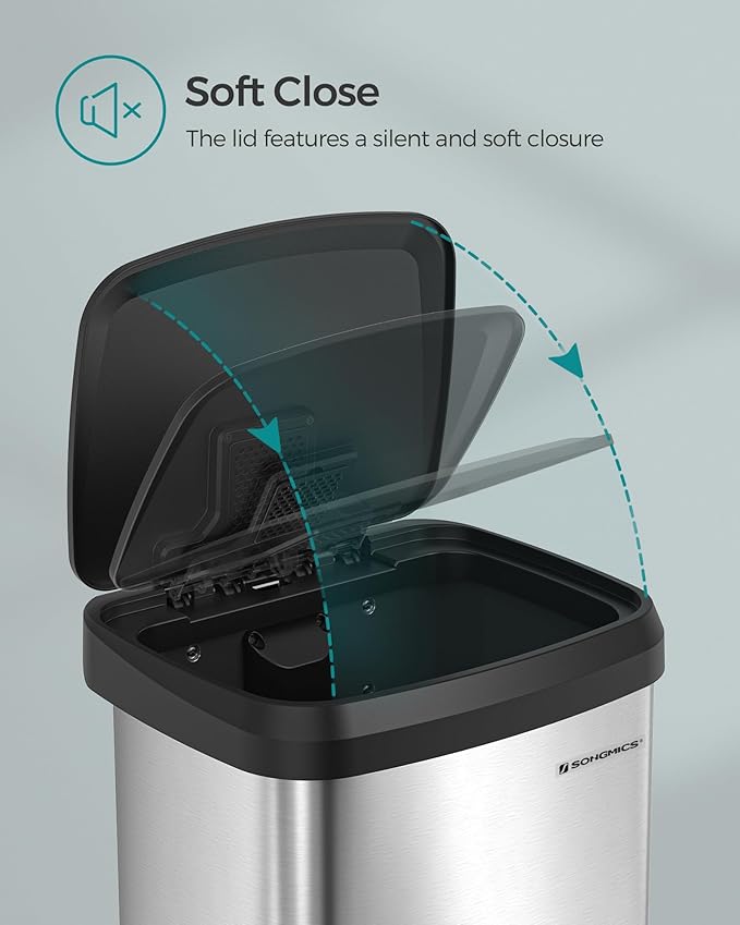 SONGMICS Kitchen Trash Can, 13 Gallon (50 L) Stainless Steel Garbage Can, with Stay-Open Lid and Step-on Pedal, Soft Closure, Tall, Large and Space-Saving, Silver and Black ULTB530E50