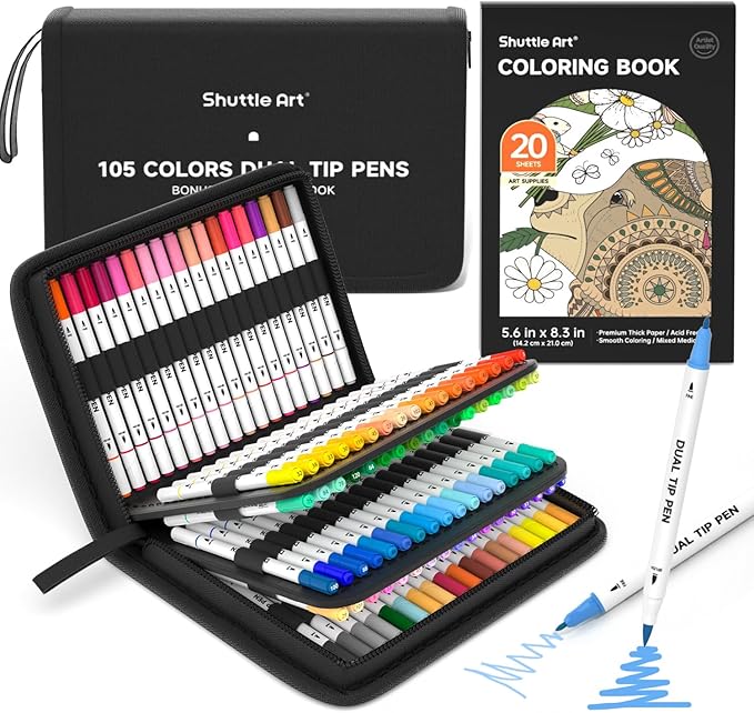 Shuttle Art Dual Tip Brush Marker Pens, 105 Colors Fine and Brush Tip Markers Set in Portable Case with 1 Coloring Book for Kids, Water-based Ink Adult Artist Coloring Calligraphy Journal Doodling