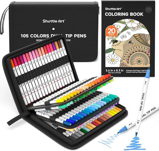 Shuttle Art Dual Tip Brush Marker Pens, 105 Colors Fine and Brush Tip Markers Set in Portable Case with 1 Coloring Book for Kids, Water-based Ink Adult Artist Coloring Calligraphy Journal Doodling