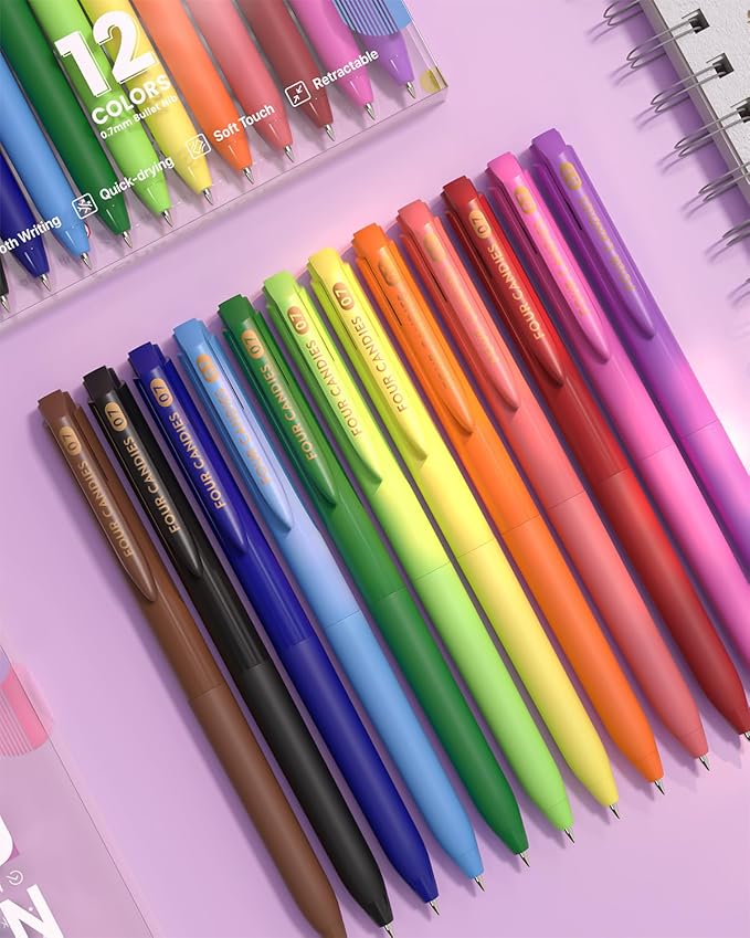 Four Candies Quick Dry Ink Colored Pens Set, 12 Colors Retractable Gel Pens, 0.7mm Fine Point Colorful Pen for Note Taking & Drawing, Colored Gel Pen with Comfort Grip for Office, School & Home