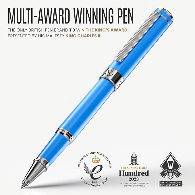 Scriveiner Sky Blue Rollerball Pen - Stunning Luxury PenWith Chrome Finish, Schmidt Ink Refill, Best Roller Ball Gift Set for Men & Women, Professional, Executive Office, Nice Pens