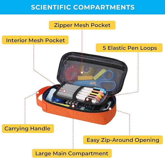 ECHSRT Big Pencil Case, Aesthetic Portable Zipper Pencil Bag with Hidden Pocket, Special Pouch for Men Women Adults, Stationery Organizer Pen Cases for Office Travel, Orange