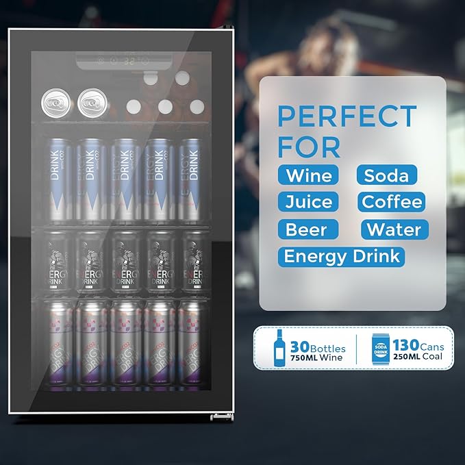 Kndko Beverage Refrigerator Cooler - 130 Can Mini Fridge with Adjustable Shelves, Glass Door, Digital Temperature Control, LED Lighting, Energy Efficient for Home, Office, Bar - 3.2 Cu.Ft, Black