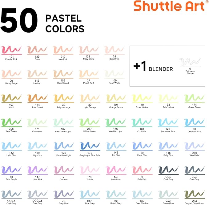 Shuttle Art Pastel Alcohol Markers Brush tip, Dual Tip Brush & Fine Tip Art Marker Set, 50 Colors plus 1 Blender Marker Pens with Case Perfect for Illustration Kids Students Adults Coloring Sketching