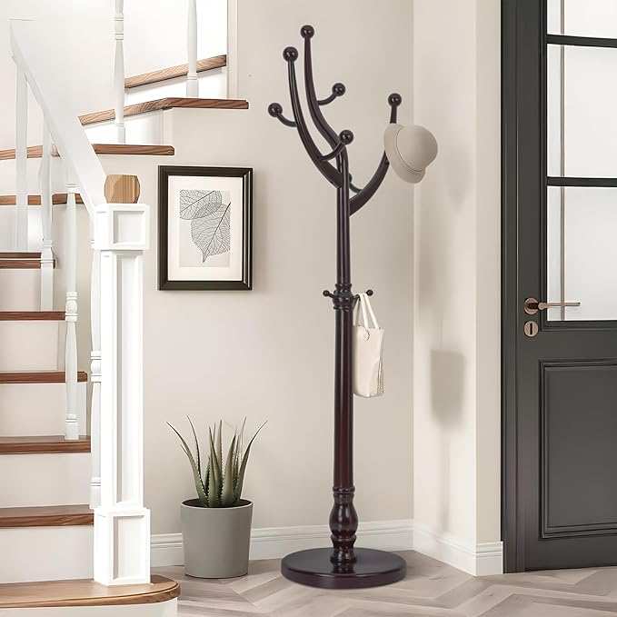 Coat Rack Tree Freestanding with Hooks, Heavy Duty Standing Wood Coat Rack with Solid Round Base, 74” Tree Shaped Coat Hanger Stand for Clothes, Hat, Jacket, Entryway Bedroom, Red Brown