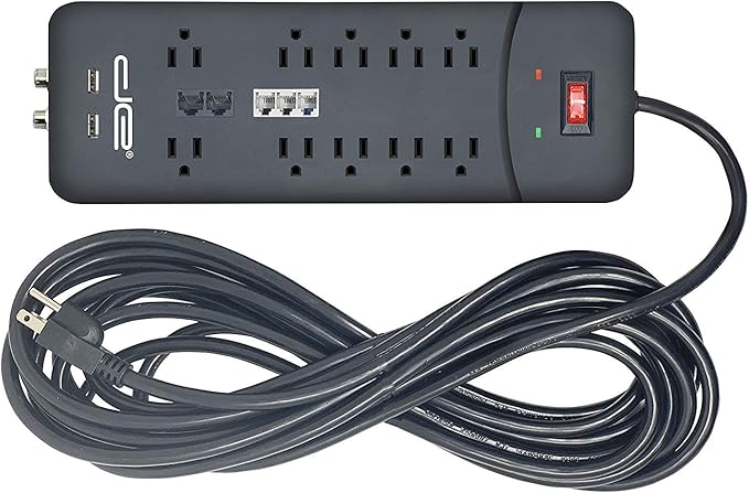 Digital Energy 10-Outlet Straight Plug 4050 Joules Heavy Duty Surge Protector Power Strip, 25 Foot Long Extension Cord, 15 AMP, 15 FT, Black